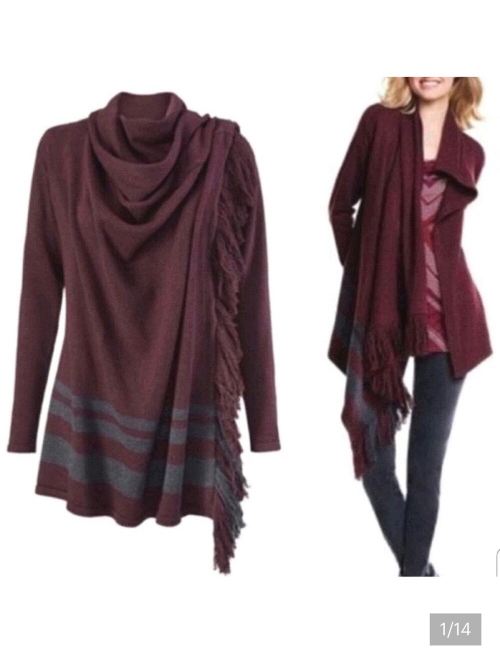 Cabi Women's Burgundy Fringe Open-Front Sweater Cardigan